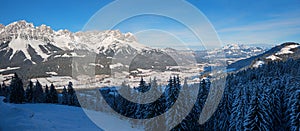 winter landscape Wilder Kaiser mountains, view to Ellmau tourist resort