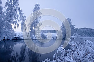 Winter landscape. Wintry scene. Snowy trees on river side. Calm cold morning at sunrise with hoarfrost on plants