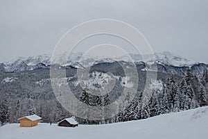 Winter landscape with wooden houses, trees and mountains on background near Garmisch-Partenkirchen. Germany.