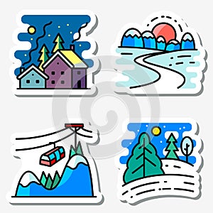 Winter landscapes icons set. Vector colorful thin simply sticke