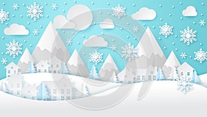 Winter lanscape with house, snow, mountain and tree. Paper cut vector design photo