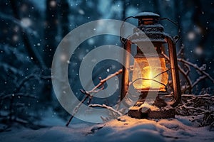 Winter lantern glow An old lantern gently illuminates a frosty forest
