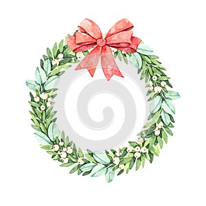 Winter laurel wreath with greenery branches, mistletoe, eucalyptus and red bow. Watercolor illustration. Happy new year and merry