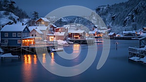 The winter lit buildings on the water of a village in fjord at night.