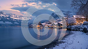 The winter lit buildings on the water of a village in fjord at night.