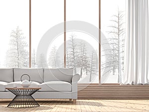 Winter living room with snow scene background 3d render