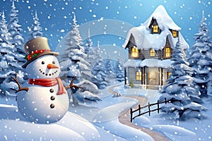 winter lndscape with snowman, AI generated