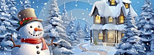 winter lndscape with snowman, AI generated