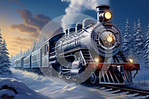 Winter locomotion 3D digital painting of a steam locomotive in snow covered forest