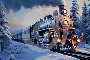 Winter locomotion 3D digital painting of a steam locomotive in snow covered forest