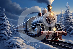 Winter locomotion 3D digital painting of a steam locomotive in snow covered forest