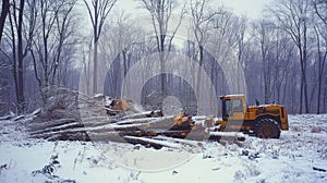 Winter logging scene with heavy machinery in snowy forest