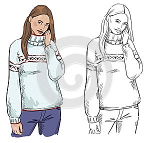 Winter look. A woman in warm sweater posing