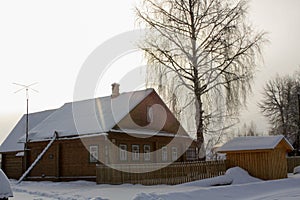 Winter with lots of snow in Russian countryside