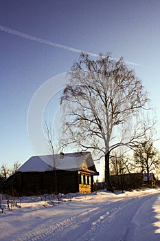 Winter with lots of snow in Russian countryside