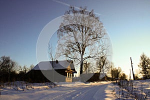 Winter with lots of snow in Russian countryside