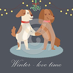 Winter love concept vector illustration. Cute cartoon pair of dogs holding hands under mistletoe wreath. Loving couple