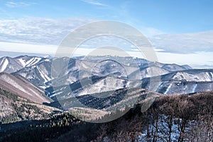 Winter Lucanska Mala Fatra mountains from Ostra skala hill