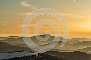 Winter Lucanska Mala Fatra mountains scenery during sunset from Veterne hill in Slovakia