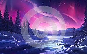 Winter magic illustration. Pink aurora borealis, northern lights, ice and snow landscape. AI Generative