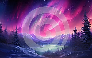 Winter magic illustration. Pink aurora borealis, northern lights over ice and snow landscape. AI Generative