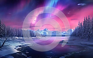 Winter magic illustration. Pink aurora borealis, northern lights over ice and snow landscape. AI Generative