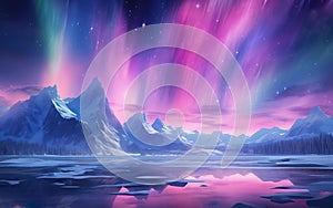 Winter magic illustration. Pink aurora borealis, northern lights over ice and snow landscape. AI Generative