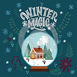 Winter magic. Snow-covered house and a Christmas tree in a glass ball. Xmas card. Merry Christmas 2021.