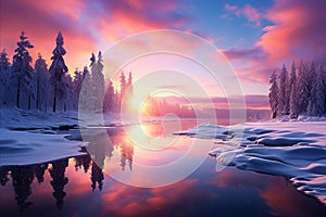 Winter Magic. Snowy Trees, Frozen Lake, and Colorful Sunset Painting a Serene Landscape