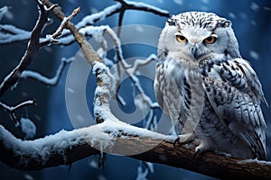 Winter majesty Snowy owl perched on a branch in the forest