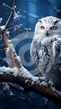 Winter majesty Snowy owl perched on a branch in the forest