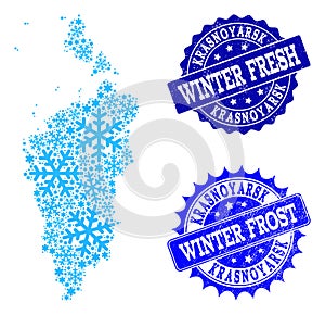 Winter Map of Krasnoyarskiy Kray and Winter Fresh and Frost Grunge Stamps