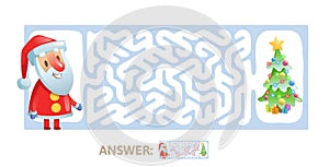 Winter Maze Game. Labyrinth with funny Santa character and answer. Flat vector illustration. Isolated on white