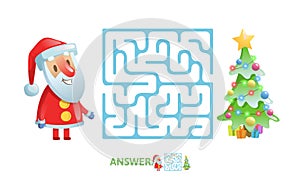 Winter Maze Game. Labyrinth with funny Santa character and answer. Flat vector illustration. Isolated on white