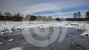Winter meadows with snow and frozen puddle