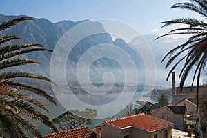 Winter Meditarranean landscape . Montenegro, view of Bay of Kotor and Prcanj town photo