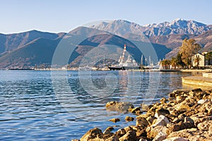 Winter Mediterranean landscape. Montenegro, Bay of Kotor, Tivat town