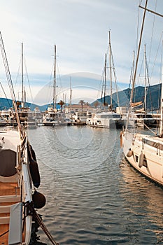 Winter Mediterranean landscape. View of yacht marina of Porto Montenegro. Montenegro, Kotor Bay, Tivat city