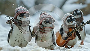 Winter Melody: Penguins in Scarves Jamming