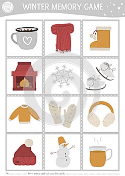 Winter memory game cards with cute season objects. Matching activity with snowman, mittens, cocoa, chimney. Remember and find