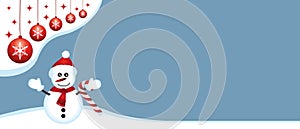 Winter merry christmas banner. Empty copy space for text. Vector illustration with snowman and baubles II.