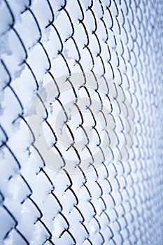 A Winter mesh on nature in the park background. Winter fence fence