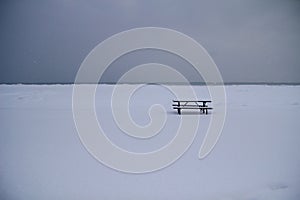 Winter Minimalist Beach With Picnic Table