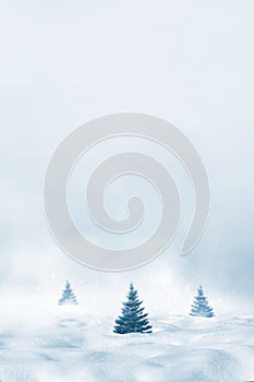 Winter minimalist landscape. Christmas trees against the background of snowdrifts. Christmas background. photo