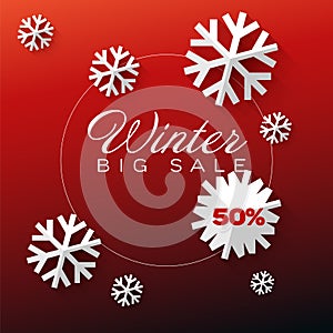 Winter minimalist sale label with paper white snowflakes