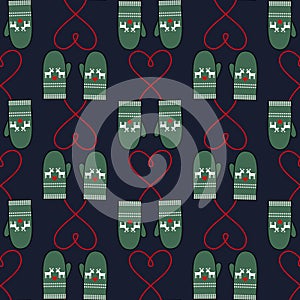 Winter mittens seamless pattern with hearts for xmas holiday.