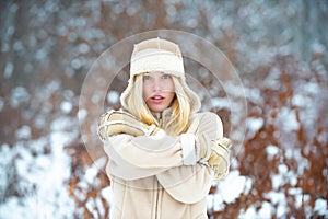 Winter mood. Beautiful girl in winter clothes. Winter fashion. Cold season. Womens clothing.