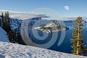 Winter Moon over Crater Lake snowscape