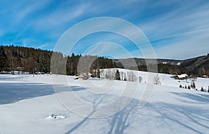 Winter Moravskoslezske Beskydy mountains scenery bellow Lysa hora hill in Czech republic