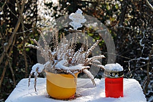 Winter morning and the frozen decoration for respect and in memoriam of our loved ones in the countryside near Zagreb, Croatia photo